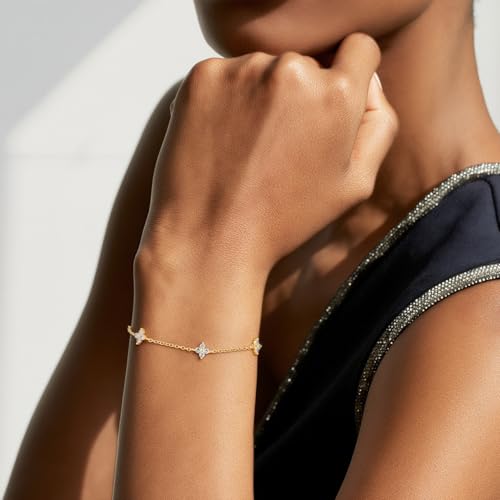 Emibele Gold Bracelets for Women, 18K Gold Plated Hand Chain, Cubic Zirconia Stainless Steel Non Tarnish Hand Chain Bracelet with Finger Ring, Adjustable Trendy Jewelry Valentines Day Gifts for Women - style: Four Leaf B