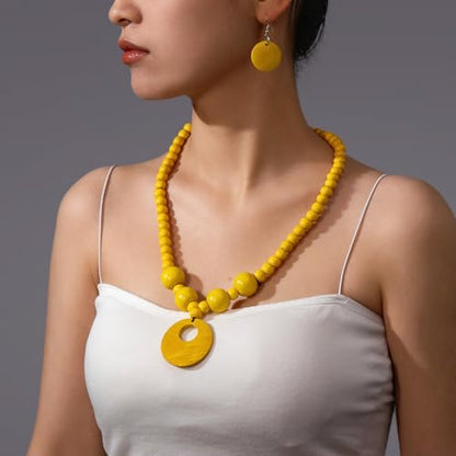 Soyzvteo Boho Wooden Beaded Necklace Earring Set Chunky Statement Costume Jewelry Retro Ethnic Accessories for Women - color: Yellow
