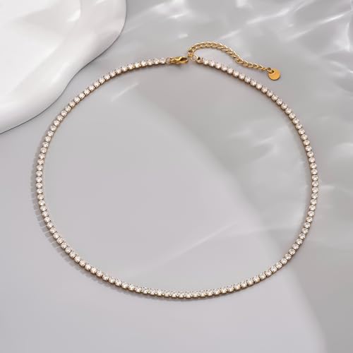 3mm Cubic Zirconia Tennis Necklace for Women, Dainty Adjustable 18K Gold Plated/Silver CZ Tennis Necklace, Hypoallergenic Iced Out Everyday Jewelry Gift for Her Wedding Party - color: 42cm Tennis Necklace-Gold