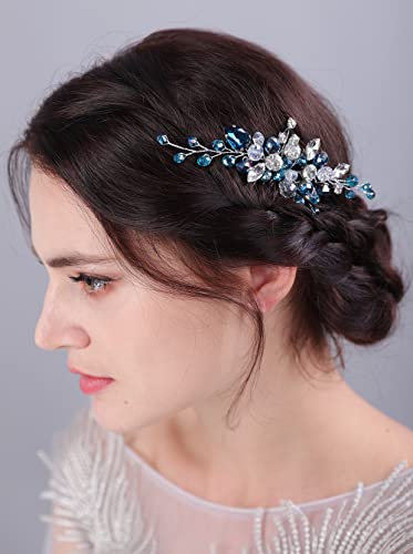JWICOS Crystal Bride Wedding Hair Comb Rhinestone Bridal Hair Clip Glitter Wedding Hair Accessories for Women and Girls (Blue) - color: Blue