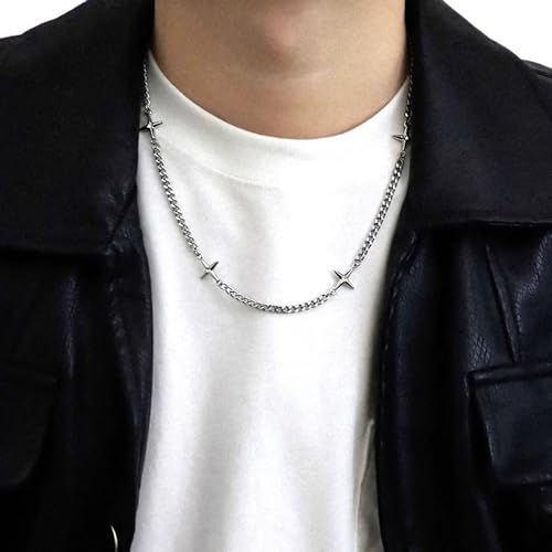 Gothic Cross Star Necklace For Men Women Silver Stainless Steel Cuban Link Paperclip Figaro Bead Chain Punk Kpop Y2k Goth Irregular Layered Cross Pendant Necklace Non Tarnish Jewelry Gift - color: Silver H