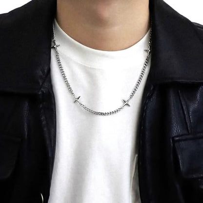 Gothic Cross Star Necklace For Men Women Silver Stainless Steel Cuban Link Paperclip Figaro Bead Chain Punk Kpop Y2k Goth Irregular Layered Cross Pendant Necklace Non Tarnish Jewelry Gift - color: Silver H