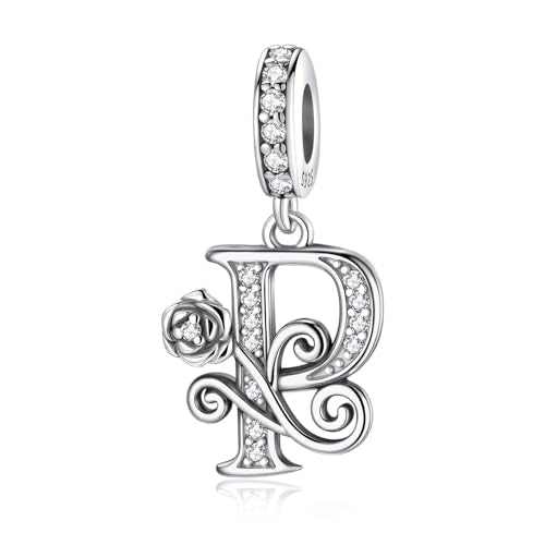 LNQOBU Complete A~Z Alphabet Charm Letter Beads, Solid 925 Sterling Silver with Cubic Stones Rose Alphabet Charm fits Pandora Bracelets Necklace Women Jewelry - color: CYT-P