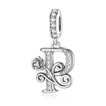 LNQOBU Complete A~Z Alphabet Charm Letter Beads, Solid 925 Sterling Silver with Cubic Stones Rose Alphabet Charm fits Pandora Bracelets Necklace Women Jewelry - color: CYT-P