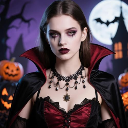 Todenb Gothic Choker Witch Necklace for Women Lace Vampire Collar Necklace Y2K Goth Black Zirconia Pendant Necklaces Halloween Dark Bridal Vampire Witch Party Jewelry Accessories - style: Style-B