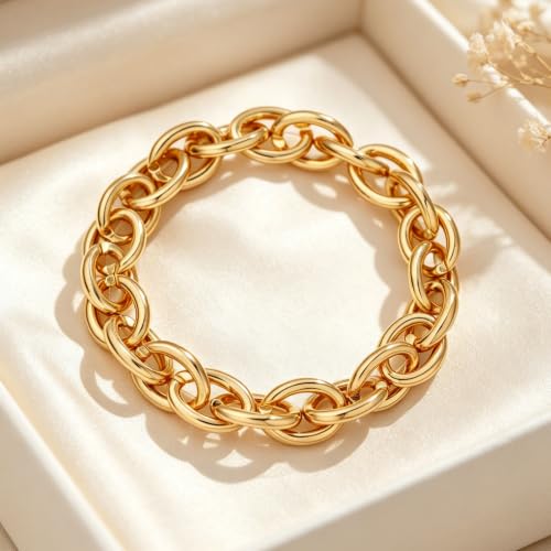 Chunky Gold Bracelet for Women Non Tarnish, Trendy Stretch Cuban Link Chain Plated Gold Bangle Bracelets - color: O-Small-Gold