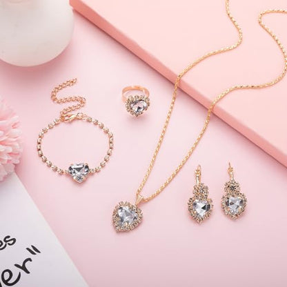4 Pcs Heart Jewelry Set for Women fashion Cubic Zirconia Pendant Necklace Bracelet Earrings Dainty Open Ring Charm Prom Party, Birthday Valentines Mothers Day Christmas Jewelry Gift - style: White