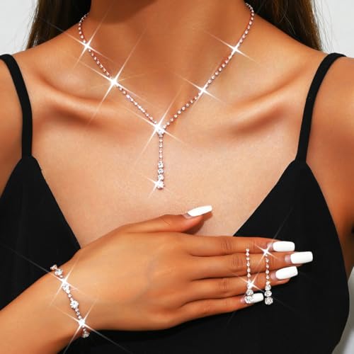 Bride Silver Bridal Necklace Earrings Set Crystal Wedding Jewelry Set Rhinestone Choker Necklace for Women and Brides - color: E Rose Gold