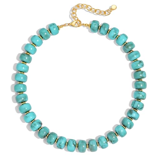 Chunky Beads Necklace for Women Trendy Gold Puffy Heart Choker Necklace Colorful Resin Beaded Heart Pendant Necklaces Statement Jewelry - color: Round- Turquois