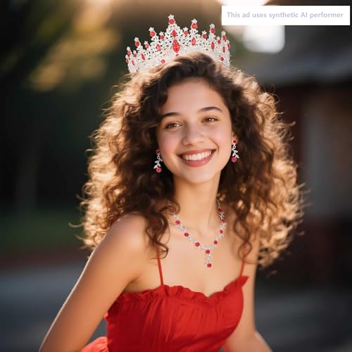 Kamirola Tiaras and Crowns for Women,Tiaras Earrings Necklace, Crystal Bridal Jewelry Set (TR48) - color: Silver Red