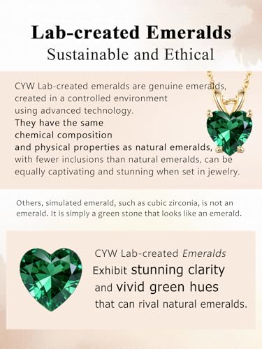 CYW Genuine Sapphire/Emerald/Ruby/Moissanite Necklace for Women, Really Authentic Solid 925 Sterling Silver, 16"/18"/20" Adjustable Chain, Anniversary Mother's Day Valentines Gift - color: Emerald - Heart - Yellow Gold, size: 6.5mm