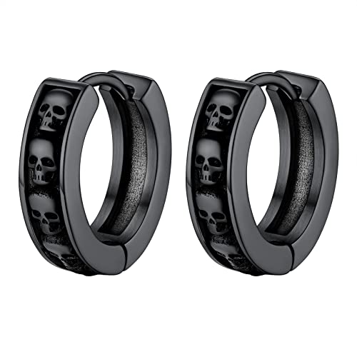 PROSTEEL Stainless Steel Huggie Hoop Earrings for Mens Gold/Black/Silver | Skull/Infinity Pattern, Spike/Cuban Links 4 Design Options Hypoallergenic Lightweight Earring Hip Hop Punk Gothic Jewelry - style: Skull-Black
