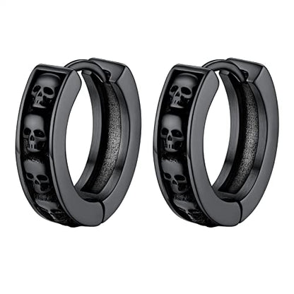PROSTEEL Stainless Steel Huggie Hoop Earrings for Mens Gold/Black/Silver | Skull/Infinity Pattern, Spike/Cuban Links 4 Design Options Hypoallergenic Lightweight Earring Hip Hop Punk Gothic Jewelry - style: Skull-Black