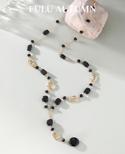 FULU AUTUMN Long Gold Beaded Necklaces for Women Natural Stone Bead Statement Pendant Necklace Y Sweater Chain Fashion Jewelry Gifts - color: Black