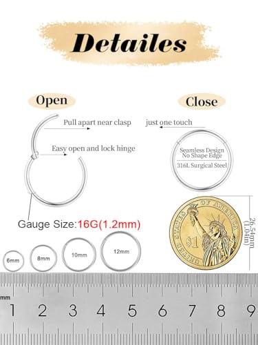 AMASIS Nose Rings and Nose Studs Set, Stainless Steel Hinged Nose Hoops and CZ Studs, Select Sizes and Styles for Nostril Septum Cartilage Piercing Jewelry - color: Silver, size: 2-Piece Hoops,16Gauge,12mm