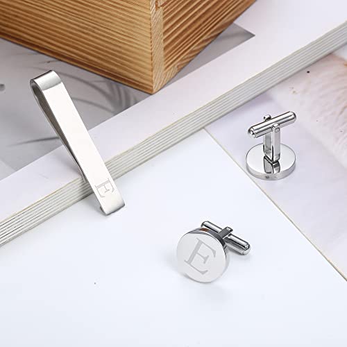 Initial Cuff Links Mens and Tie Clips for Men | Classic Silver Letter Alphabet A-Z Cufflinks and Tie Bar Set, Gifts for Men Father Husband for Formal Business Wedding - style: E