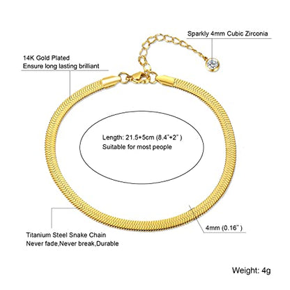 Ankle Bracelets for Women,14K Gold Plated Snake Chain Anklet for Women Beach Cute Anklets - color: Gold / 4mm