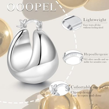 OOOPEL Gold Hoop Earrings for Women,925 Sterling Silver Chunky Hoop Earrings Hypoallergenic Lightweight 14K Gold Plated Thick Gold Hoops for Women 22mm 26mm - color: Silver-26MM
