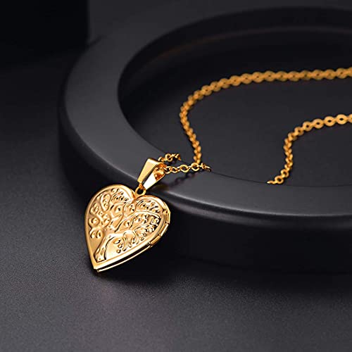 U7 Women Locket Necklace, Heart Photo Lockets Hold Picture, Gift Box Packed | Gold/Silver/Rose Locket Charm, Custom Picture and Engravement Heart Pendant, 20" Chain, Personalized Gift for Mom Wife Friend - color: 04# Gold(Tree of Life)