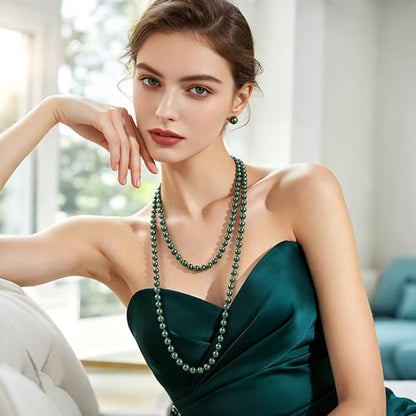 BABEYOND Long Pearl Necklace Faux Pearls Necklace Set Beaded Long Pearls Necklace 1920s Gatsby Costume Jewelry - color: Dark Green