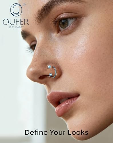 OUFER 2PCS Nose Rings Hoops, 20g Double Gem Horseshoe Threadless Nose Rings for Women, Septum Clicker Daith Tragus Helix Rook Eyebrow Lip Piercing Jewelry - color: Silver Aqua CZ