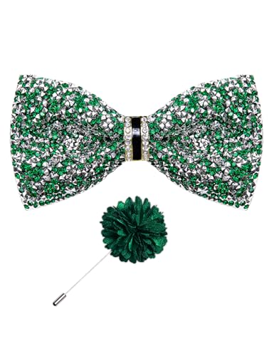 DiBanGu Mens Rhinestone Bow Tie with Ring and Lapel Pin Set | Adjustable Strap,Pre-tied Style,3PCS,Sequin Diamond Bowties，Solid/Mix Color,Shiny Accessory,for Party Prom Banquet Wedding - color: Green and Silver