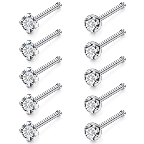 18G 20G 22G Stainless Surgical Steel Titanium Nose Rings Studs for Women L Shaped Nose Studs Screw Nose Rings Nostrial Piercing Jewelry for Women Men Silver Gold Black - style: 18G/1.5mm CZ/Straight/Silver
