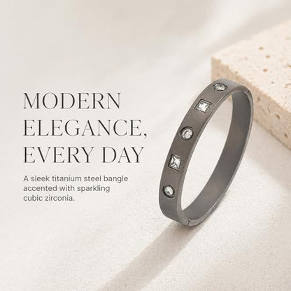 ZEZE++ Gold cuff bracelets for women - Mother of Pearl and Cubic Zirconia Bangle, High Polished Stainless Steel, Perfect for Wedding, Party, and Gift for Her - color: Titanium steel