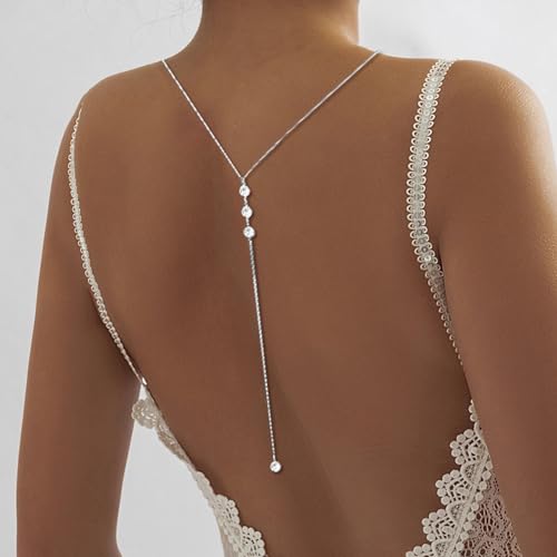 Rhinestone Back Chain Bridal Backdrop Necklace Chain for Backless Dress | Women Open Back Necklace, Summer Back Body Jewelry - color: Silver