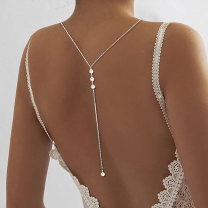 Rhinestone Back Chain Bridal Backdrop Necklace Chain for Backless Dress | Women Open Back Necklace, Summer Back Body Jewelry - color: Silver