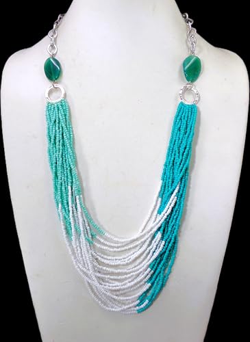 Turquoise Multi Strand Seed Bead Necklace for Women – Boho Chic Statement Necklace with Agate Stones – Layered Summer Jewelry