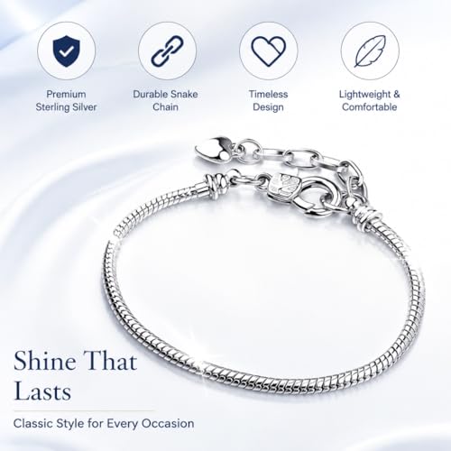Stainless Steel Heart Charm Snake Chain Bracelet - Adjustable Silver Bangle for Women, Hypoallergenic Waterproof Jewelry Gift for Birthday, Anniversary, Valentine's Day - color: Silver White-B