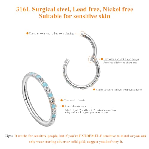 MissNity 20G, 18G, 16G, 14G Hinged Nose Rings Hoop with Gem in 316L Surgical Steel, Septum Clicker Cartilage Earrings Conch Daith Helix Rook Ear Lobe Piercing Jewelry, Diameter 6mm to 12mm - color: 12: Steel - Clear Cz + Turquoise