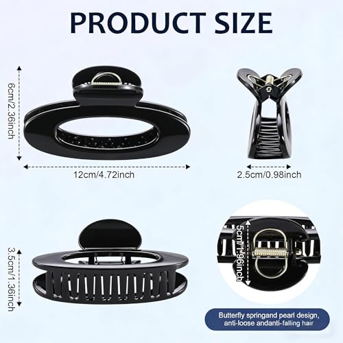 4 Pack Oval Hair Clip, 4.7" Large Durable Trendy Hair Claw Clip with Bead & Butterfly Spring, Premium PC Material Cozy Fashion Hair Claw for Thick Hair, Gift Set for Women Girls, Daily Wear - color: Classic Color 4: Black, White, Brown and khaki