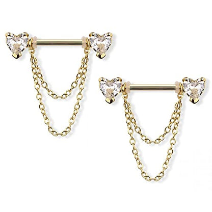 Pierced Owl 14GA 316L Stainless Steel CZ Crystal Hearts with Double Dangling Chains Nipple Barbells, Sold as a Pair - style: Gold Tone