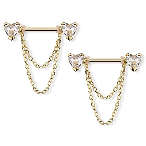 Pierced Owl 14GA 316L Stainless Steel CZ Crystal Hearts with Double Dangling Chains Nipple Barbells, Sold as a Pair - style: Gold Tone
