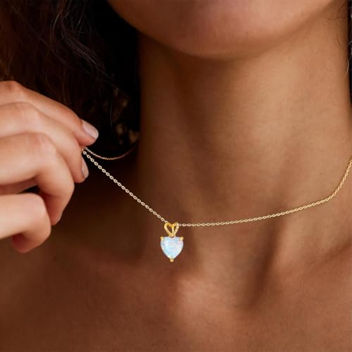 14K Gold Love Heart Necklace with Diamond for Women 4 Carat Heart Shaped Opal Pendant Necklace Dainty Jewelry Gift for Christmas Valentine's Day