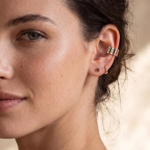 Gold Ear Cuff for Women Non Piercing | Cuff Earrings, 14K Gold Plated, Colorful Cubic Zirconia Pave, Pearl, Clover, Cartilage Earrings Trendy Jewelry, Single - color: Multi-color B