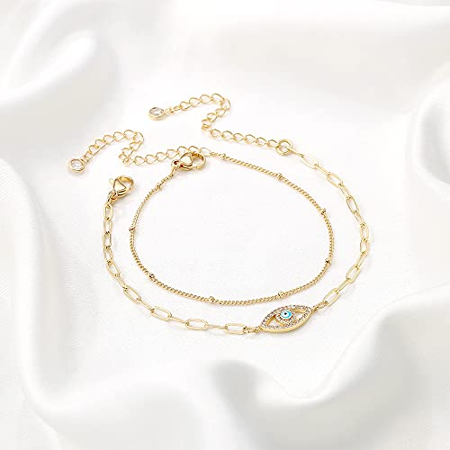 Dainty Gold Bracelets for Women, 14K Gold Plated Adjustable Layered Beads Bracelet Cute Evil Eye Oval Chain Pearl Bar Turtle Gold Bracelets for Women Jewelry - style: Beads Chain&Evil Eye