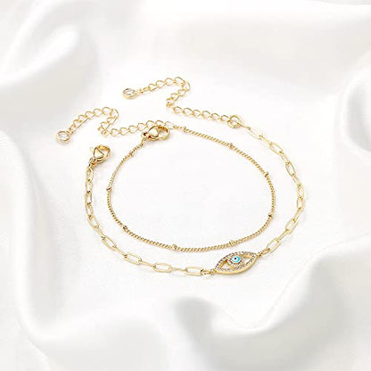 Dainty Gold Bracelets for Women, 14K Gold Plated Adjustable Layered Beads Bracelet Cute Evil Eye Oval Chain Pearl Bar Turtle Gold Bracelets for Women Jewelry - style: Beads Chain&Evil Eye
