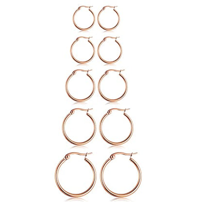 5-10 Pairs Small Gold Silver Hoop Earrings for Women, Stainless Steel Earrings Set Mens Lightweight Thin Hypoallergenic Small Hoops Set - style: 5pcs-Rose 8-16mm