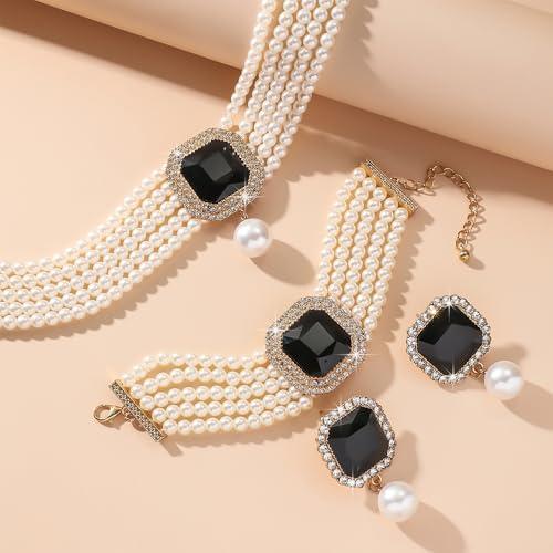 Fashion Bride Silver Black Green Bridal Layered Rhinestone Crystal 1920s Faux Pearls Necklace Earrings Bracelet Set Crystal Wedding Jewelry Set Rose Red Square Choker Necklace for Women - color: Black