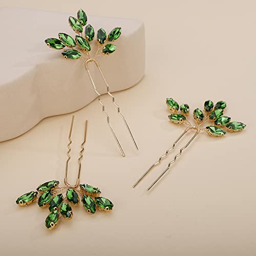 Teyglen 3pcs Bridal Crystal Hair Pins Rhinestones Hair Pieces Simple Crystal Wedding Hair Accessories Handmade Hair Pins for Women Bride Girls (Green-gold) - color: Green-gold