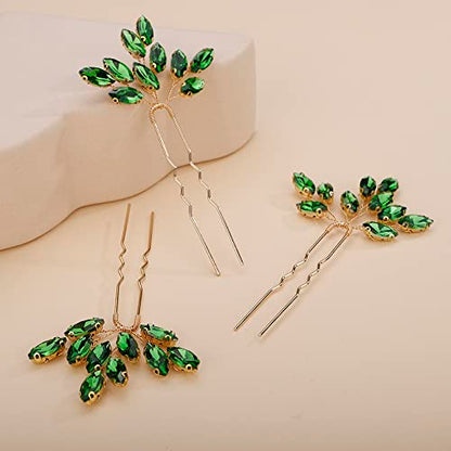 Teyglen 3pcs Bridal Crystal Hair Pins Rhinestones Hair Pieces Simple Crystal Wedding Hair Accessories Handmade Hair Pins for Women Bride Girls (Green-gold) - color: Green-gold