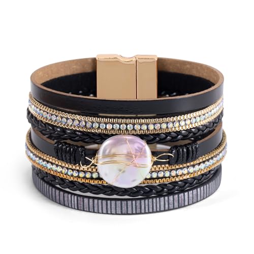 Wrapped Bracelets for Women,Leather Boho Bracelets for Women - color: Shell-Black