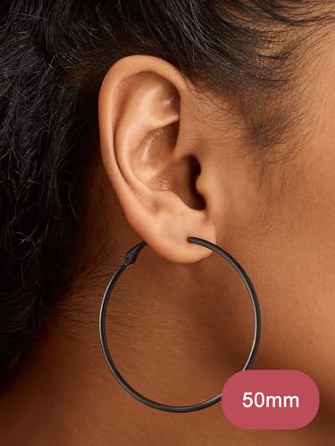 FOCALOOK 14K Gold Plated Lightweight Large Hoops| 2mm Thin Hoop Earrings for Women 30/40/50/70/100mm - color: 01.Black, size: 50mm