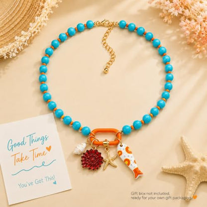 LIU JUN Colorful Beaded Necklace for Women, Chunky Boho Fish Starfish Conch Pendant Acrylic Bead Necklaces Cute Y2K Summer Beach Jewelry Gifts - color: Blue