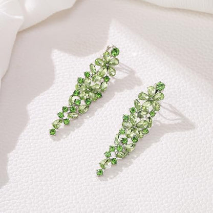 EleQueen Women's Sparkle Statement Clip-On Chandelier Earrings | Marquise Crystals Earrings for Women, Art Deco Prom Jewelry for Wedding Bride Bridesmaid - color: Green Silver-Tone