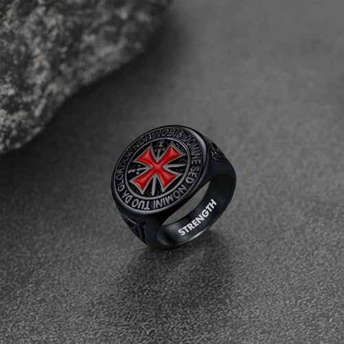 FaithHeart Mens Stainless Steel Crusader Jerusalem Cross Ring with 18K Gold Plated Two Tone Ring Size 7,8,9,10,11,12 - color: 06. Crusader Cross-Black(Custom)