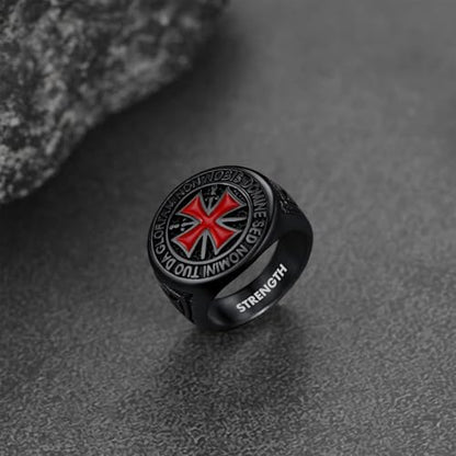 FaithHeart Mens Stainless Steel Crusader Jerusalem Cross Ring with 18K Gold Plated Two Tone Ring Size 7,8,9,10,11,12 - color: 06. Crusader Cross-Black(Custom)